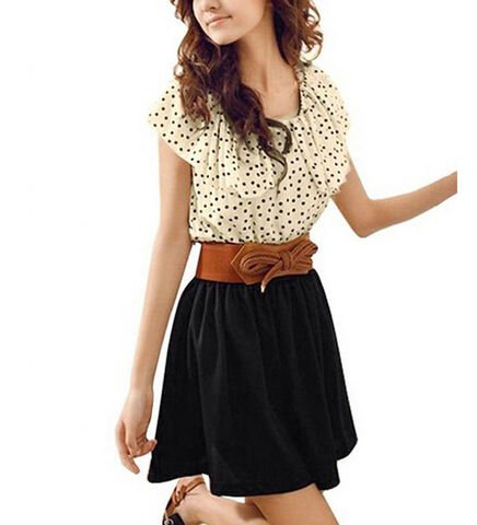Allegra K Women Dots Print Flouncing Patchwork Dress W Waist Belt